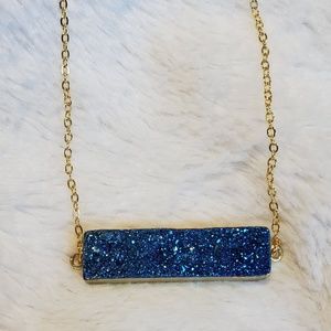Gold Plated Bar Necklace Bkue Druzy Quartz